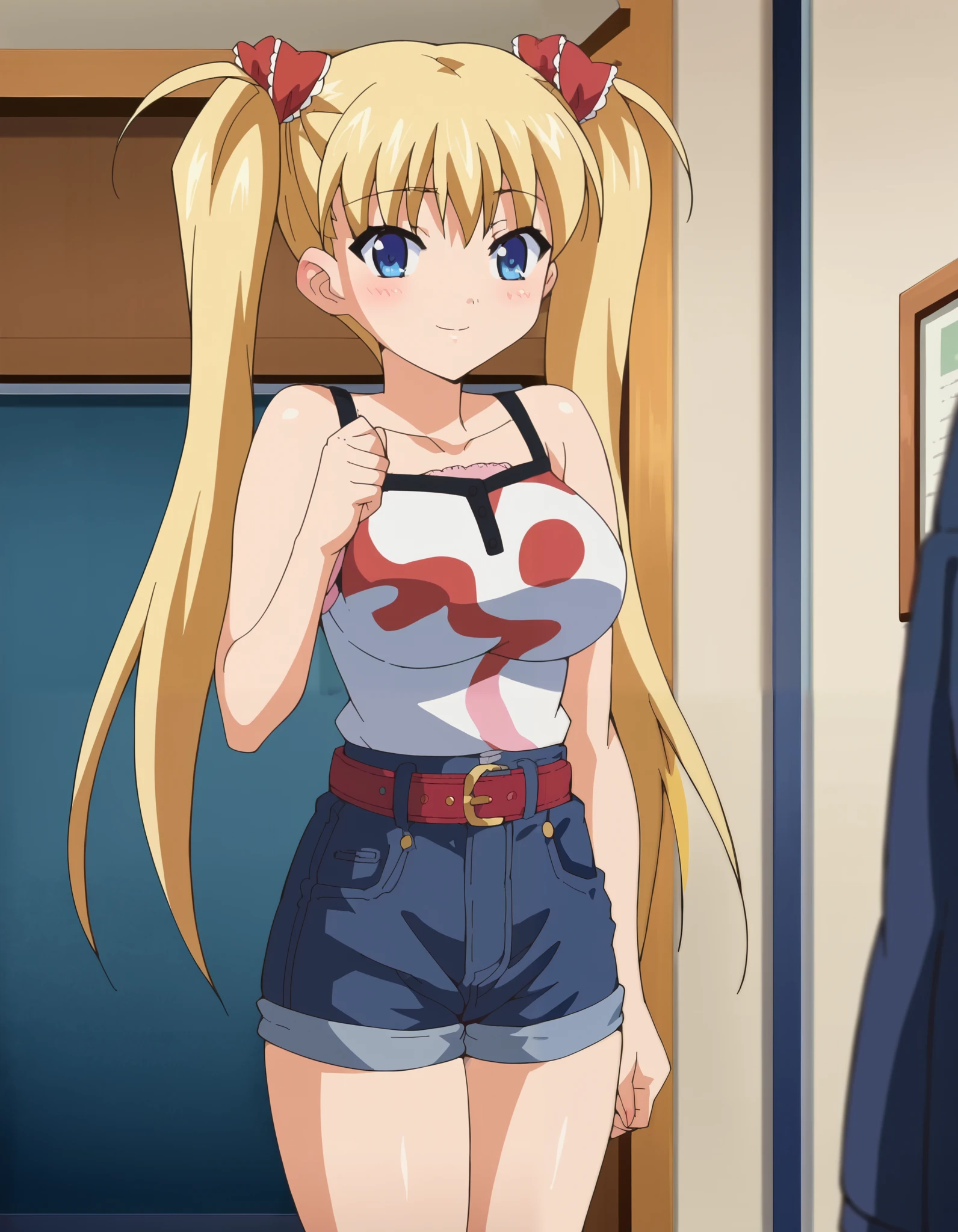 score_9, score_8_up, score_7_up,anime_source, source_anime, anime screencap, Airi, 1girl, belt, belt buckle, blonde hair, blue eyes, blush, breast, buckle, casual, denim, denim shorts, female focus, indoors, large breast, long hair, looking at viewer, shorts, solo, standing, smile, twintails, underwear
