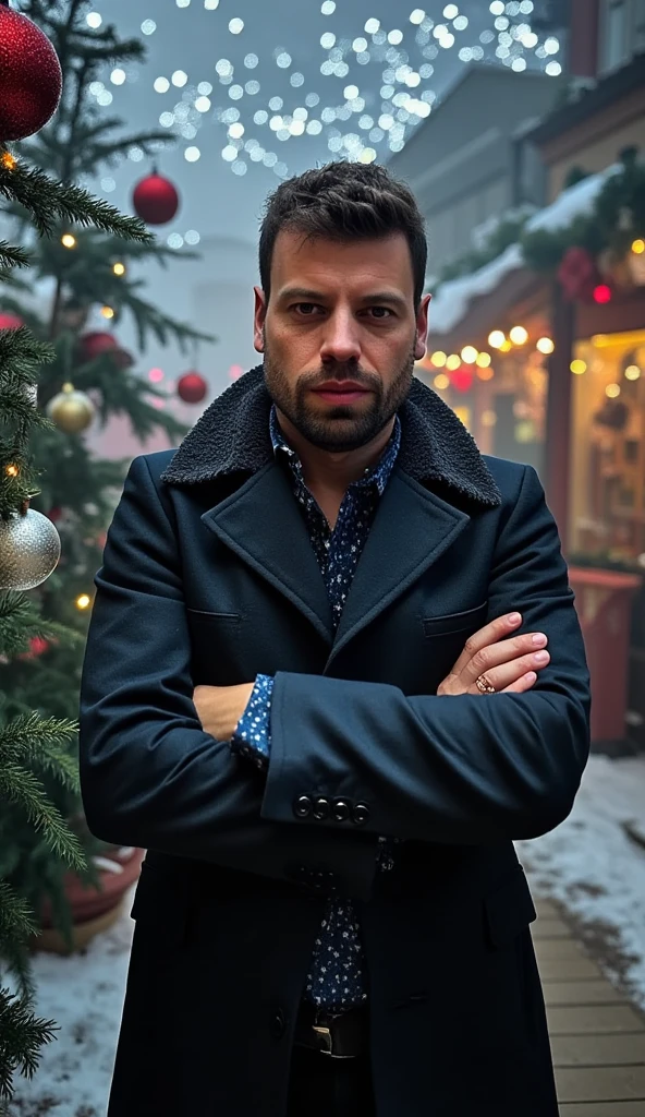 Prompt for FLUX:
“A handsome man with striking features wearing a stylish winter coat, standing in a misty, heavily decorated Christmas forest. The scene is filled with holiday lights and ornaments, creating a festive yet mysterious atmosphere. Mid-shot composition, with detailed, textured skin that showcases the man’s natural beauty. Play with dramatic lighting and soft shadows to enhance his face and the surroundings, emphasizing depth and mood. The fog blends with the warm glow of Christmas lights, adding an ethereal quality to the scene.”