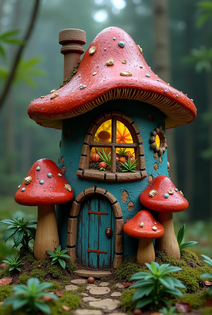  Create a magic house that is made of hallucinogenic mushrooms ,  its windows are colored and contain various geometric figures,  in front of the house grow beautiful marijuana flowers and hallucinogenic mushrooms .  The house should have the inscription  " magic house 