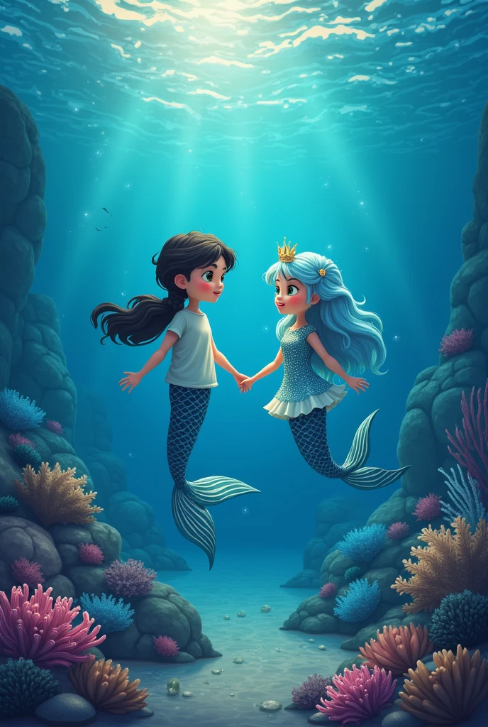 Undersea fairy tale illustration: Cartoon-style underwater mermaids and starfish,Cute mermaid in bubbling water features,Colorful children's book illustrations,Amazing underwater life,Unique style of underwater digital illustration,Cartoon illustration of The Little Mermaid in the vast ocean