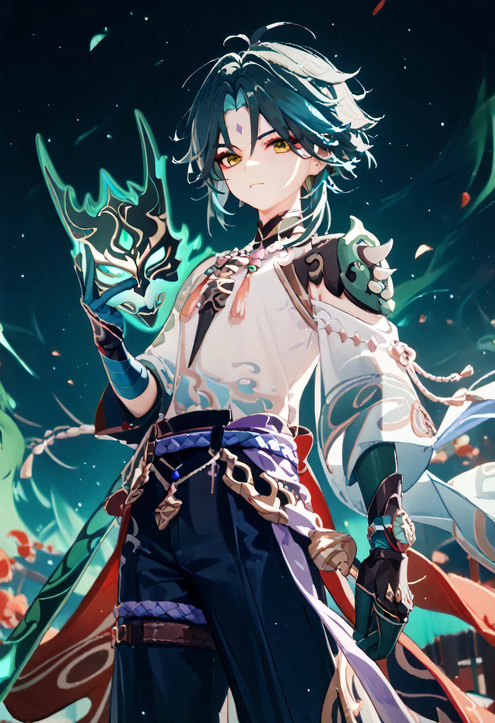 Genshin, Xiao, Holding a mask in one hand 、Holding a spear in one hand、(( black, red, and green aura:1.4))、 turn your back、Standing alone in the wilderness、Pull composition