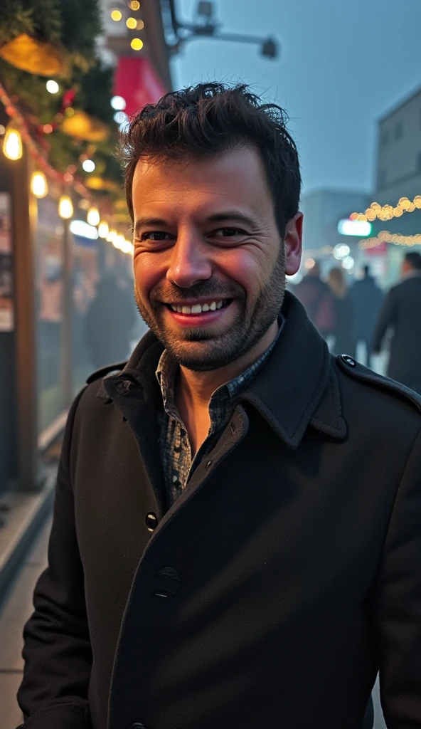 A handsome man with striking features and a mischievous smile, wearing a stylish winter coat, standing in a dense, foggy Christmas forest. The scene is filled with thick mist, heavily decorated with holiday lights and ornaments that glow faintly through the fog, creating a festive yet mysterious ambiance. Mid-shot composition with detailed, textured skin that enhances the man’s charm. Dramatic lighting and soft shadows highlight his playful expression and blend seamlessly with the dense fog, adding depth and an ethereal atmosphere to the scene.”
