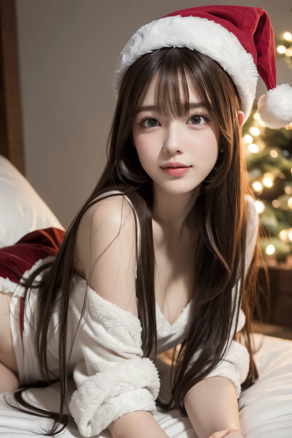 winter night, lying down on the bed, a girl dressed as Santa Claus hat, lots of gift boxes, fidgeting, with a shy smile, blushing, wavy long length hair, pale orange and brown hair, pompadour hairstyle, twisted bangs, beautiful white-colored translucent skin, slendar figure, adult sexiness, alluring, glossy face, cold and shivering, {realistic}, {cinematic}, {photogenic}