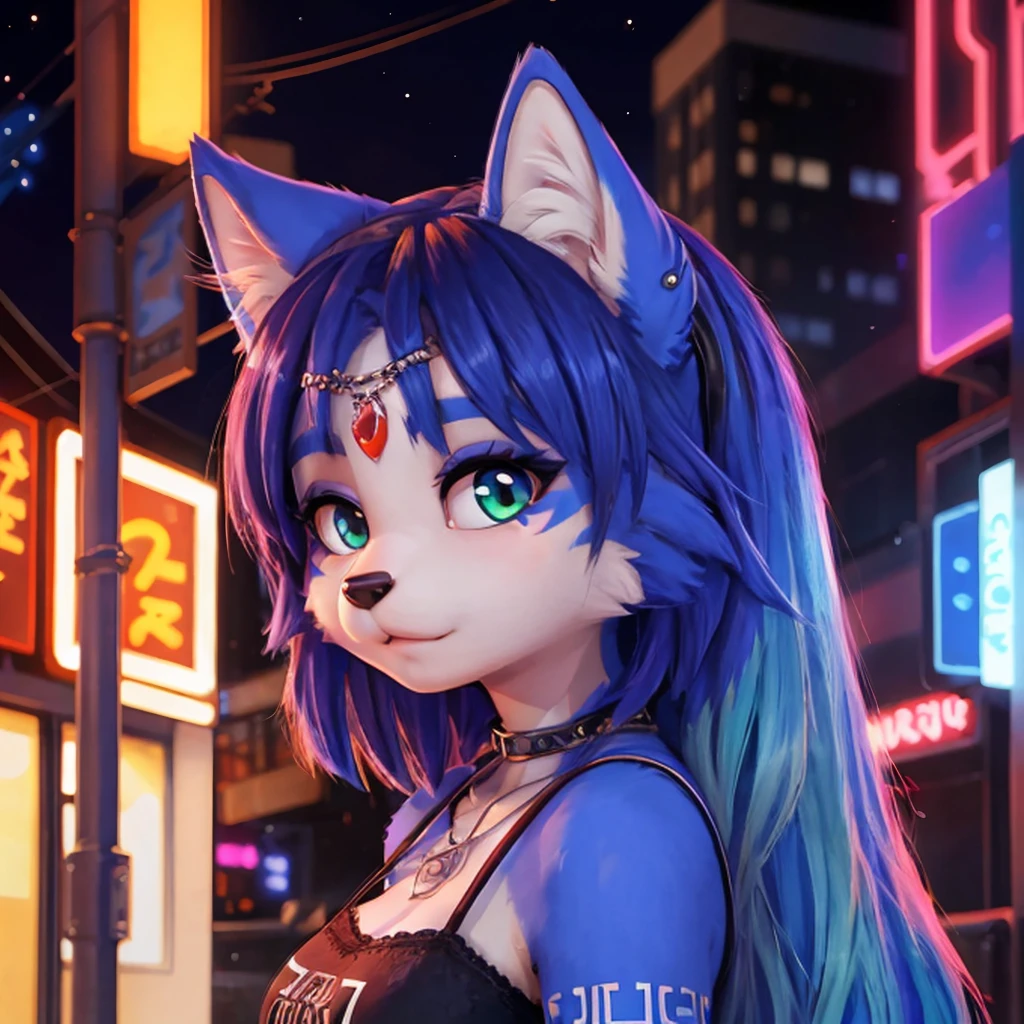 Portrait,((krystal)), Star Fox-Krystal, lovable, green eyes, (((  Long blue hair 1  .3))), Decollete, anthro, blurred,  detailed Fluffys fell,   detailed face  , (Fluffy),   1 girl, ,woman, Goth, green eyes, Undercut, Ultra-realistic 8k CG  ,   masterpiece, ((  ultra-accurate backgrounds , delicate patterns,   complex part  )),   best quality,   complex part  s,   chromatic aberration,   1 girl, full height  ,   long hair, dirty hair,   red markings  ,   hair over one eye , Sharp eyes, Necklace, , colorful graffiti, Hallo, dim light,   roadway  ,   masterpiece,   best quality, , Score_9, Score_8_high, Score_7_high, emo haircut :1.4