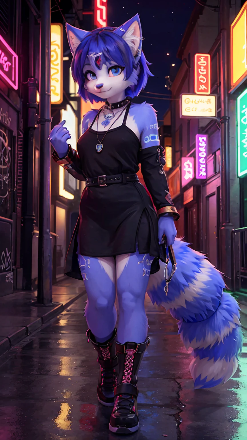 Portrait,((krystal)), Star Fox-Krystal, lovable, green eyes, (((  Long blue hair 1  .3))), Decollete, anthro, blurred,  detailed Fluffys fell,   detailed face  , (Fluffy),   1 girl, ,woman, Goth, green eyes, Undercut, Ultra-realistic 8k CG  ,   masterpiece, ((  ultra-accurate backgrounds , delicate patterns,   complex part  )),   best quality,   complex part  s,   chromatic aberration,   1 girl, full height  ,   long hair, dirty hair,   red markings  ,   hair over one eye , Sharp eyes, Necklace, , colorful graffiti, Hallo, dim light,   roadway  ,   masterpiece,   best quality, , Score_9, Score_8_high, Score_7_high, emo haircut :1.4