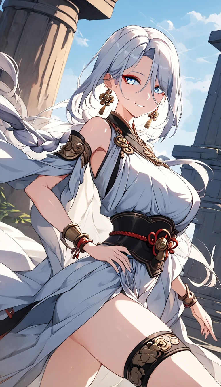 masterpiece, 1girl, sparrow, a silver haired girl, wearing an greece byzantine clothes, curly medium hair, messy hair, slim body, wearing adventurer clothes, she close her left eye, shirt ornament, angry expression, red eyes, stand at forest, big breasts, peplos, greek clothes