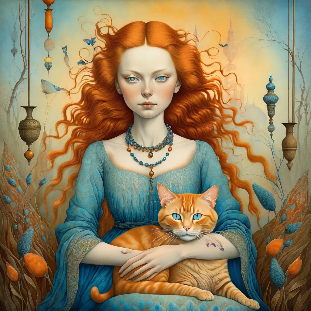 Catrin Welz-Stein, Zdzisław Beksiński and Jacek Yerka style mix, surreal wonders of the unconcious, beautiful colors. A serene portrait of a young woman with delicate features, holding a vivid ginger cat in her arms, while another cat lounges nearby. The soft watercolor background merges with the subject, symbolizing a seamless connection between human emotion and feline companionship. . Warm colors, nuances of oranges, blues, yellows
