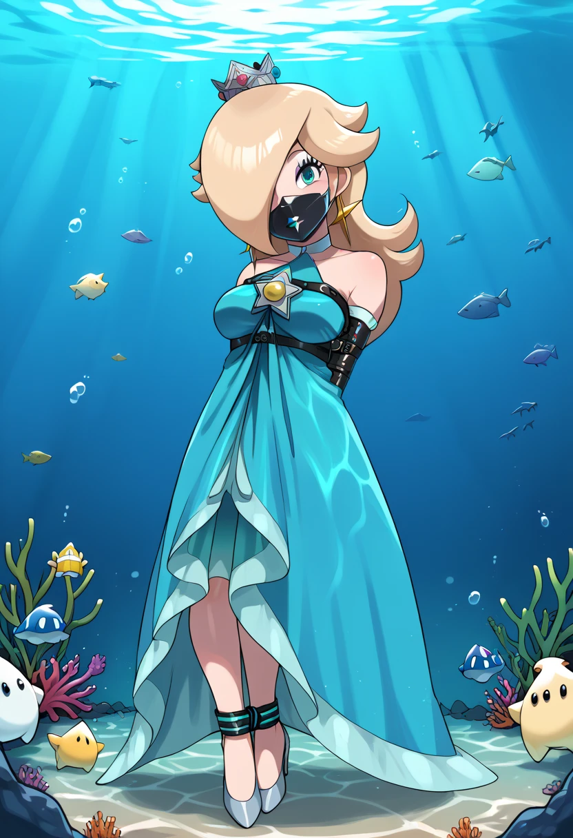 score_9, score_8_up, score_7_up, 1girl, Lora:Rosalina_XLPD:1,  (source_anime, 1girl, RslnAurora, hair over one eye, crown, bare shoulders, elbow gloves, blue dress), wossarem style , flirt, gaze, sexy look, half-closed eyes, head tilt, makeup, (full bodies in view) , perfect proportions, underwater, underwater drown. standing,  belt bondage, bound arms, (arms behind back: 1.4), tight mask, black mask, tight black face cover. (armbinder tied), (armbinder: 1.4), (front view), belt  upper body shibari, free legs.