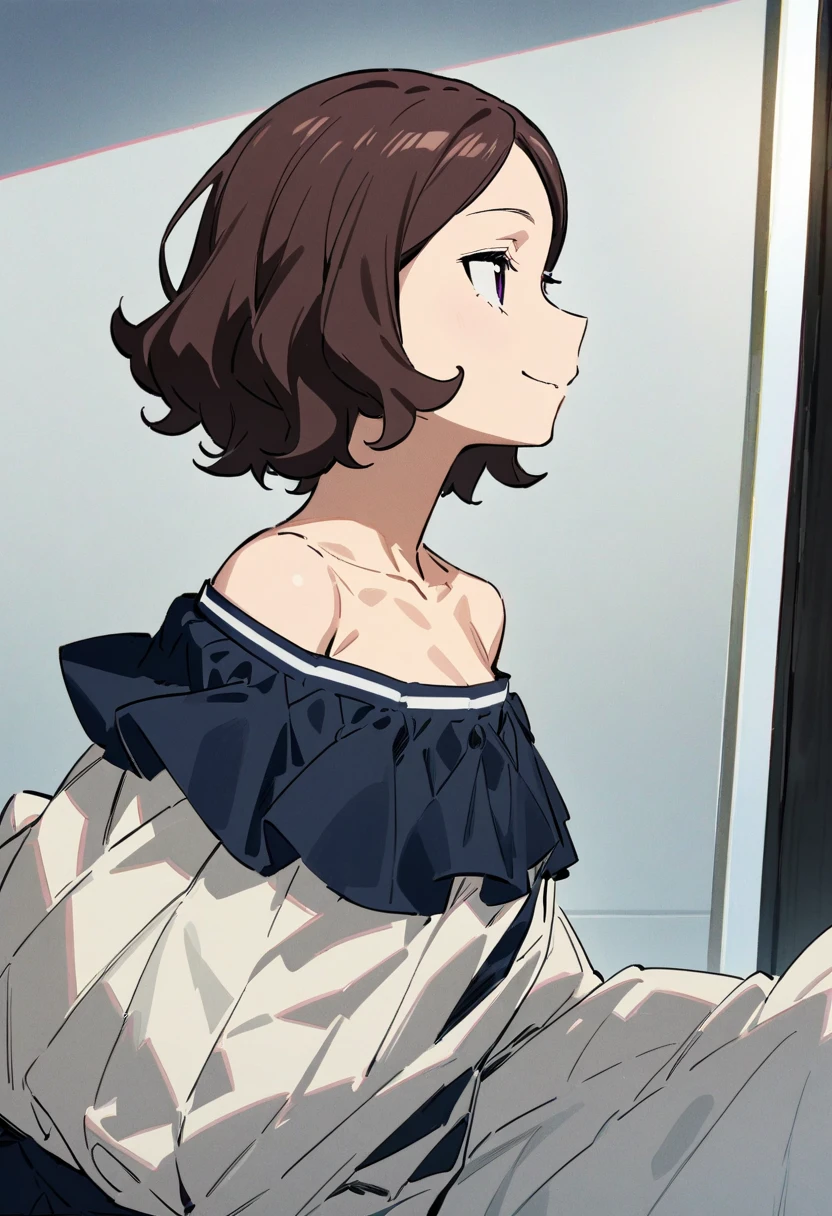   girl, ebizuka tomo,profile, looks up,smile, off-shoulder,blouse,masterpiece,   top quality ,panels, comic