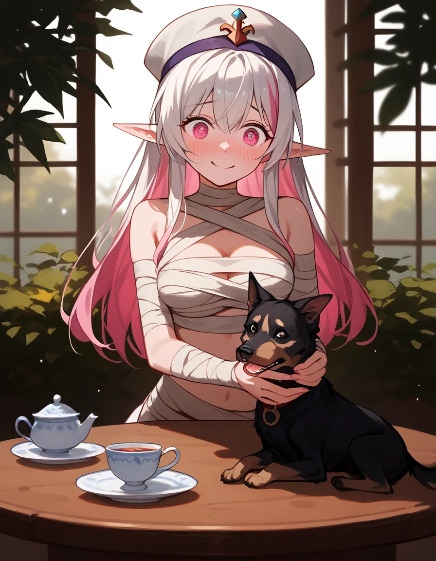 alone,Elf,Multi-colored hair,White hair, with some light pink hair.,In pink eyes , mummy costume, Medium Chest ,smile,Make a threatening hand ,shy,afraid,surprised,cute, White Hat ,sit,Tea table ,There is a black dog ,In the garden