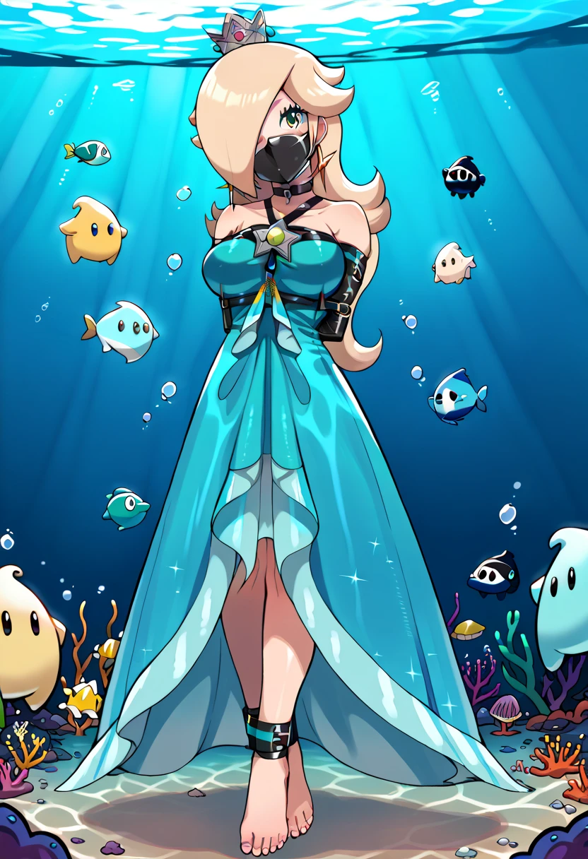 score_9, score_8_up, score_7_up, 1girl, Lora:Rosalina_XLPD:1,  (source_anime, 1girl, RslnAurora, hair over one eye, crown, bare shoulders, elbow gloves, blue dress), wossarem style , flirt, gaze, sexy look, half-closed eyes, head tilt, makeup, (full bodies in view) , perfect proportions, underwater, underwater drown. standing,  belt bondage, bound arms, (arms behind back: 1.4), tight mask, black mask, tight black face cover. (armbinder tied), (armbinder: 1.4), (front view), belt  upper body shibari, free legs, free feet.