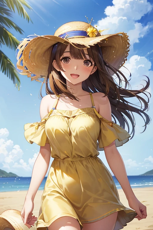 (Best quality, dynamic lighting, highly detailed, HDR) Black Hair、young woman, 15 years old、Japanese、wintailed, cute, pretty, beautiful, skinny, , short, small breasts, Pineapple print summer dress, Flowers in hair、 bare shoulder, cleavage, leanjng forward, downblouse, sleeveless, smiling, beach background.Midsummer Sun、
