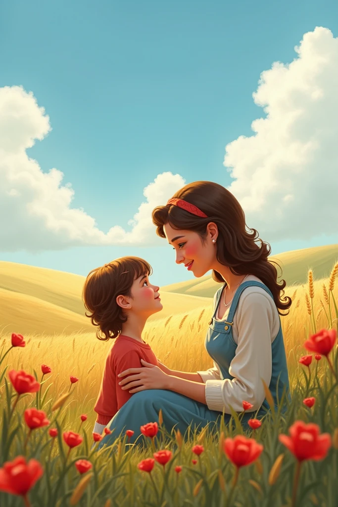 In a tender digital illustration, a young mother sitting on a grassy hill, hugging his son on his lap while watching the sunset together. Inspired by the emotional artwork of Norman Rockwell, capture moments of love and family connection. The color palette is warm and earthy., echoing the hues of the setting sun. The mother's face is sweet and serene., while the child's expression is filled with confidence and affection. Golden hour lighting bathes the scene, infusing it with a gentle, nostalgic glow
