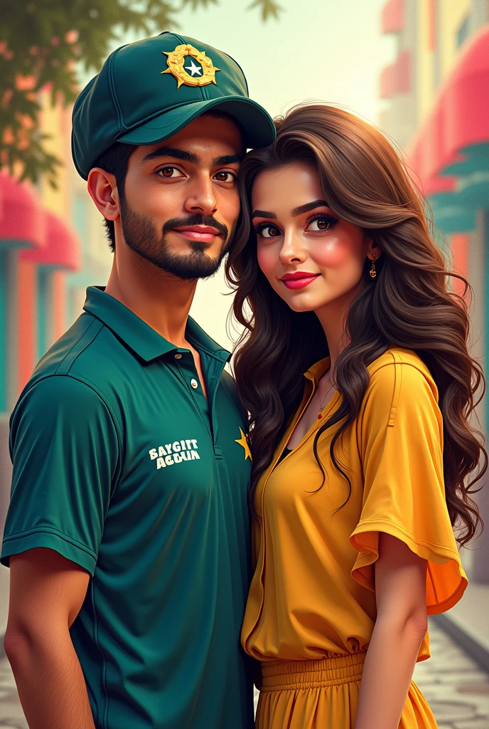 Generate a realistic  20 year old boy, wearing white & Green T shirt and blue  jeans and sneakers and the name "Mateen Ansari" and written on his shirt back side and boy is Standing  on the road with holding Girlfriend and a national flag of Pakistan, and behind him is the Lahore. And Girlfriend name is "ArooJ" written on sky"Shirt back side" create realistic image.