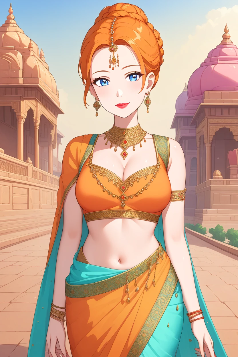 summer.smith, orange hair, 1girl, braid,bun, eyeshadow,lipstick,bindi, saree,,score_9, score_8_up, score_7_up, score_6_up, score_5_up, score_4_up,,cleavage,  cowboy shot, palace backround