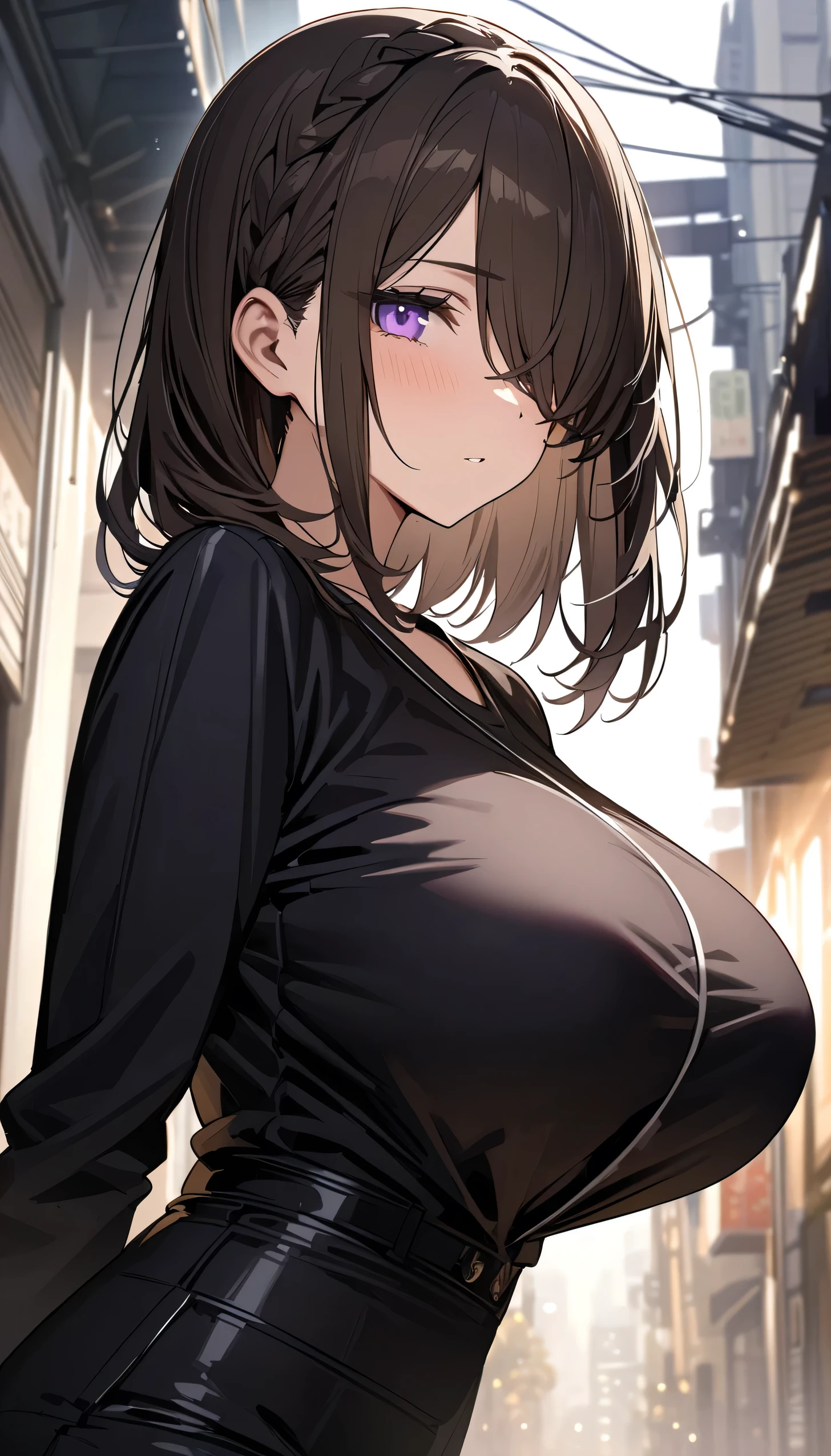 Anime girl with purple eyes in a black dress in a city - SeaArt AI