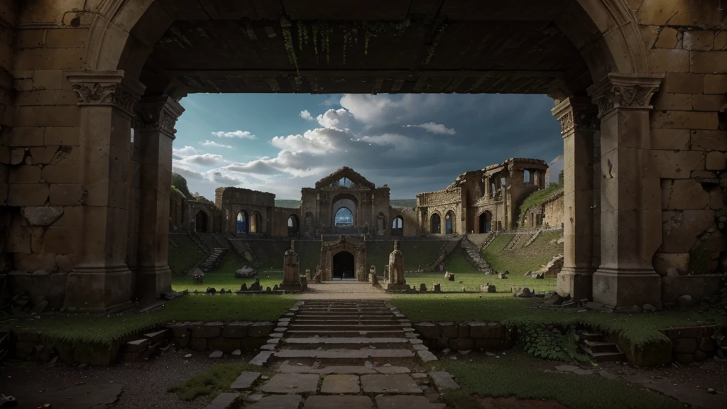 realistic 8k, detailed, highly detailed, photorealistic, cinematic lighting, dramatic lighting, epic scale, massive arena, tiered stadium seating, ornate architecture, towering columns, intricate stone carvings, ancient ruins, crumbling walls, moss-covered stones, sunlight streaming through gaps, dramatic clouds, volumetric lighting