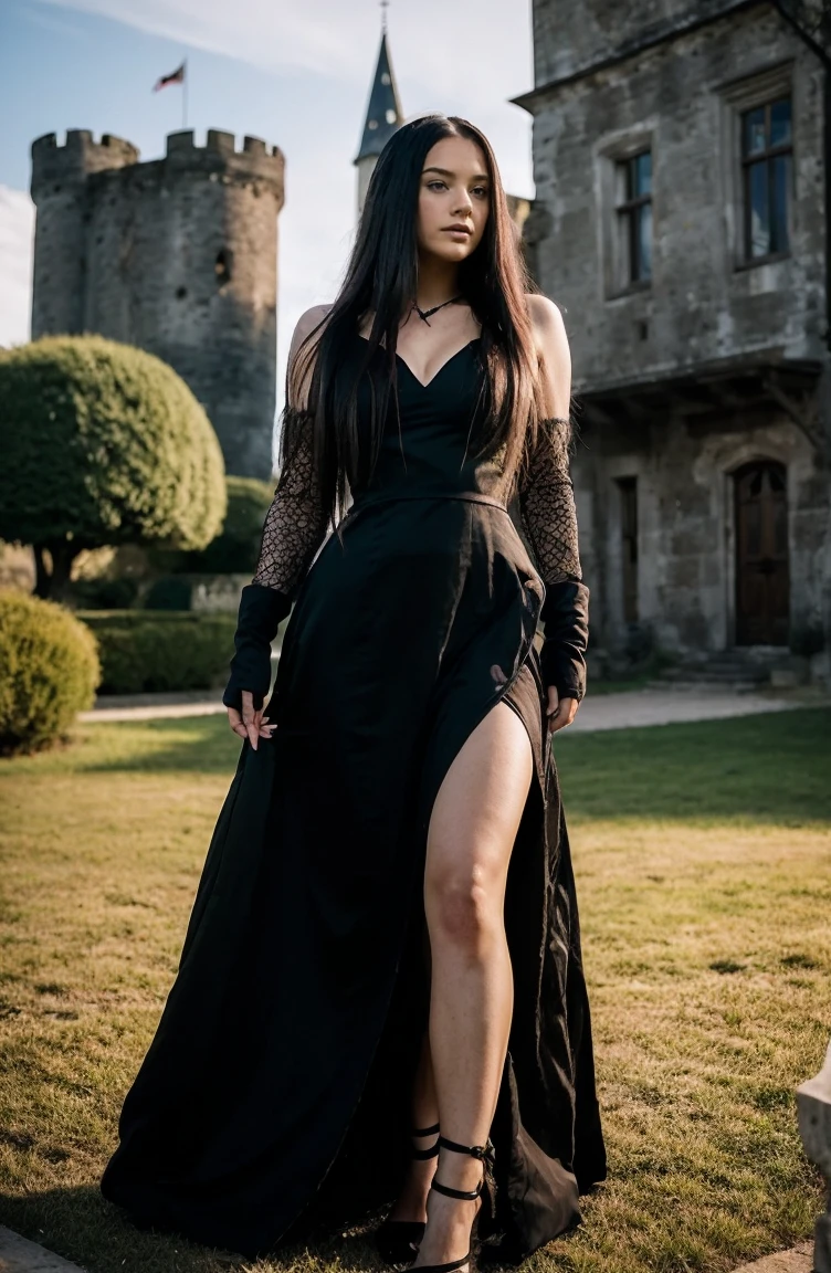 One woman of about 20 years old, black long hair, body measurement 36-25-36, height 5'7", medium breasts, Hazel eyes, wearing black dress and heels sitting on a stone wall, tight dress, elegant dress, stylish, long dress,  stunning elegant pose, beautiful goddess, smile, Full Body full height Shooting, Masterpiece, mobile Photography, daylight, 8k, Top Quality, Fine Pore, Photorealistic, Ultra Detailed, (high skin detail:1.2),Extremely detailed,Intricate, sharp-focus