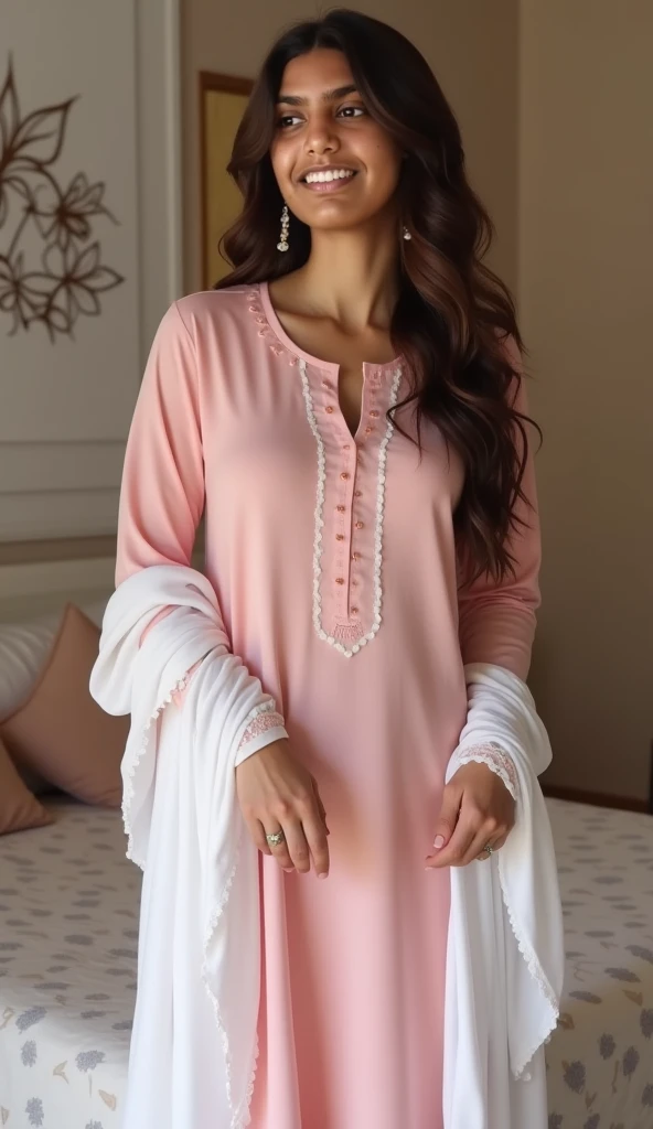 Hijab Indian curvy young female white fair skintone wearing sleepwear pink kerala nighty hijab scarf in kerala kitchen Realistic image. body figure looks like actress nithya menon.big breast. No carpet. No indoor plants. Front view. Wearing hijab scarf