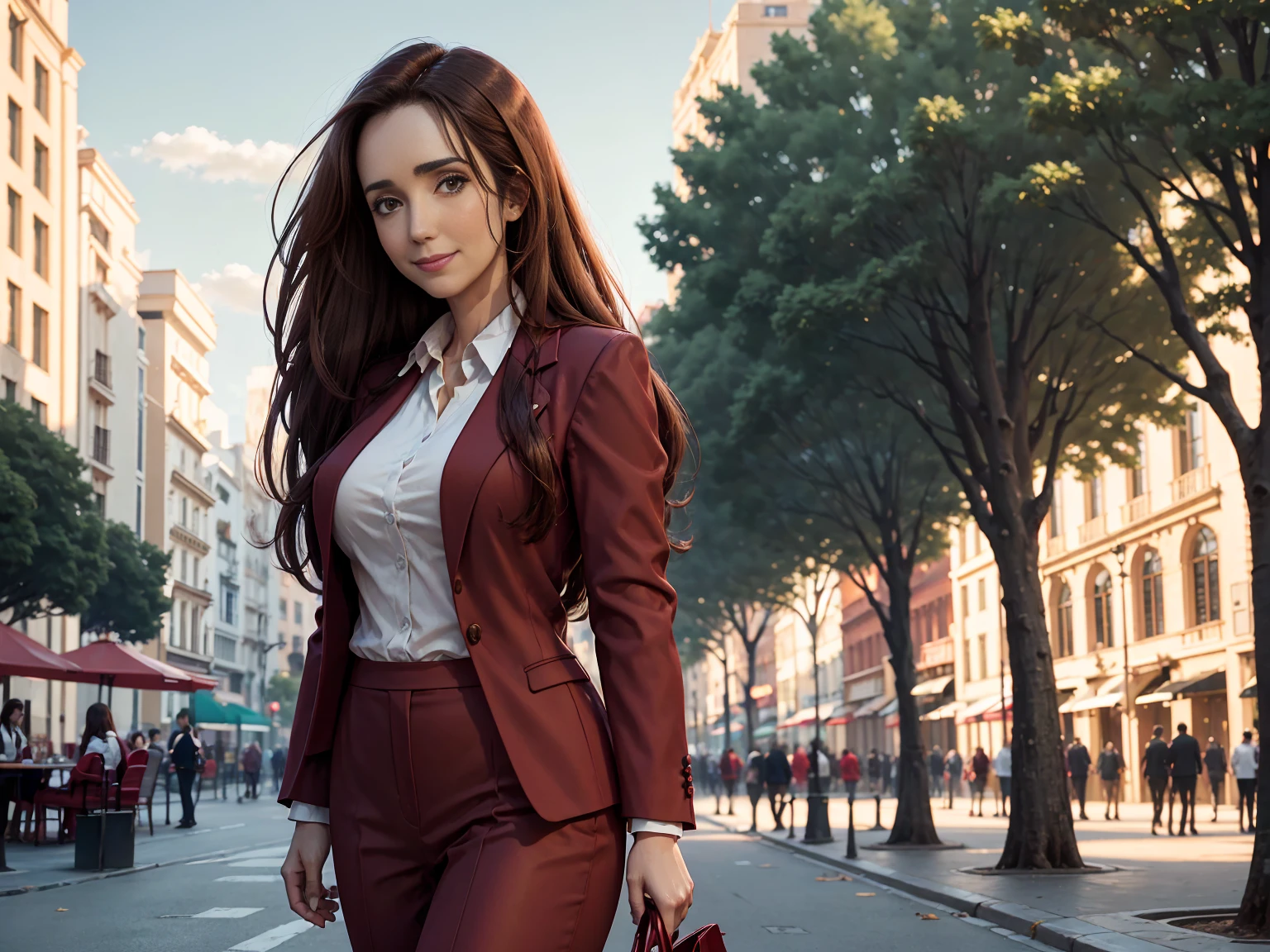 8K,  better quality,  Victoria Villarruel dressed in a scarlet red suit as a lawyer,  detailed face , smooth face,  long dark brown hair, slender with wide hips ,  warm smiling expression . outdoors,  plaza with green trees in the city of Buenos Aires,  clouds in the sky in the background, Rays of sunlight