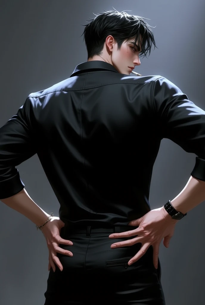 3d，male，black shirts and pants, very cool and handsome，from back：1.4, with a cigarette in one's mouth, sexy