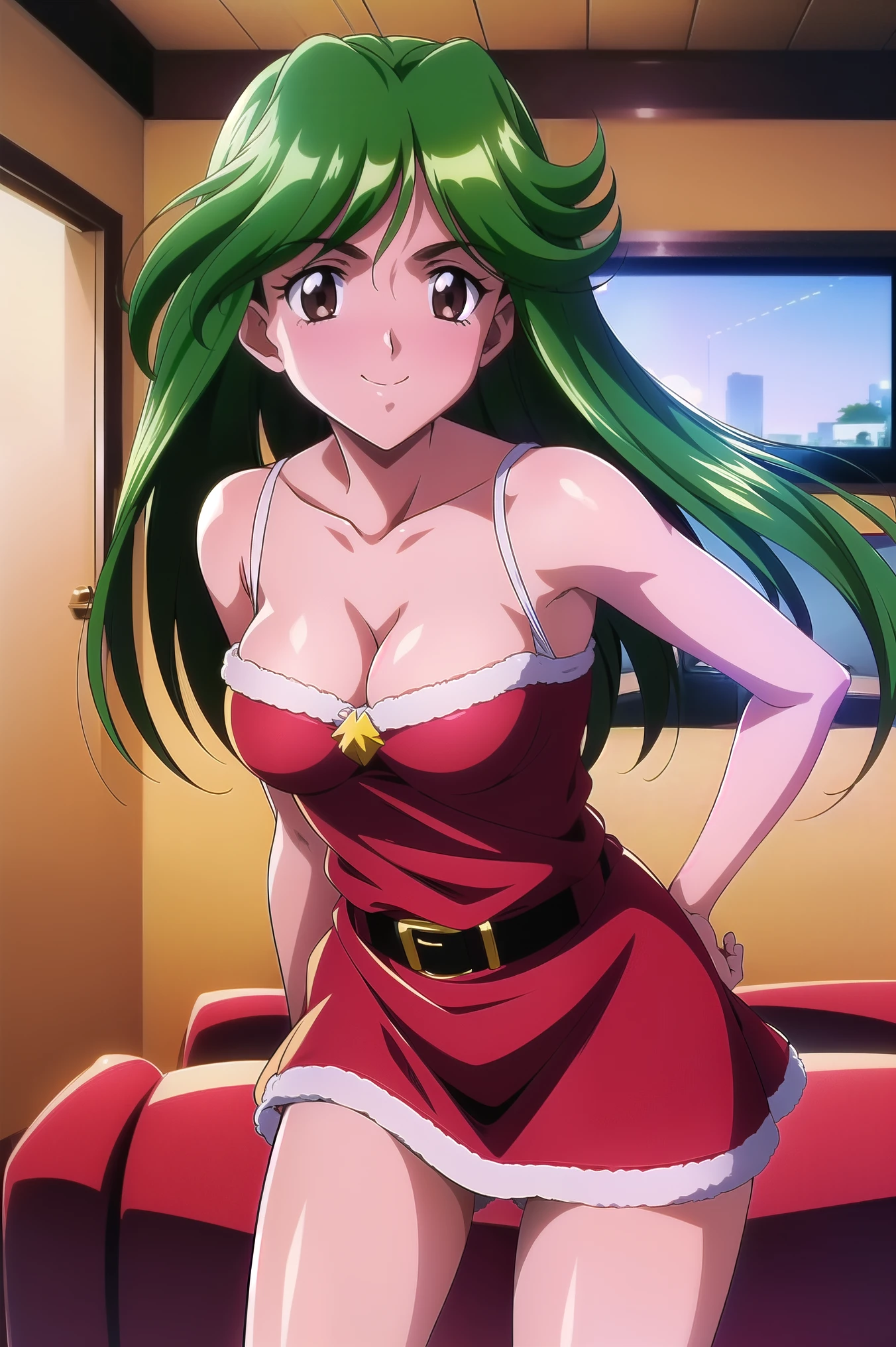 Kasumi Aso, (cowboy shot),  long hair,  green hair ,  brown eyes,  small breasts,  cleavage, ( Santa Outfit:1.2), ( super mini skirt), ( Sexy Poses :1.2), (Red cheeks:1.2), (shy:1.3), (bright smile:1.2), ( living room:1.3),  score_9,  score_8_superior,  score_7_superior,  source_anime, (best quality:1.2), 細部までこだわったanime, natural body shape,  high quality , full color, 8k,  High Definition , nsfw, (wind lift:1.2)