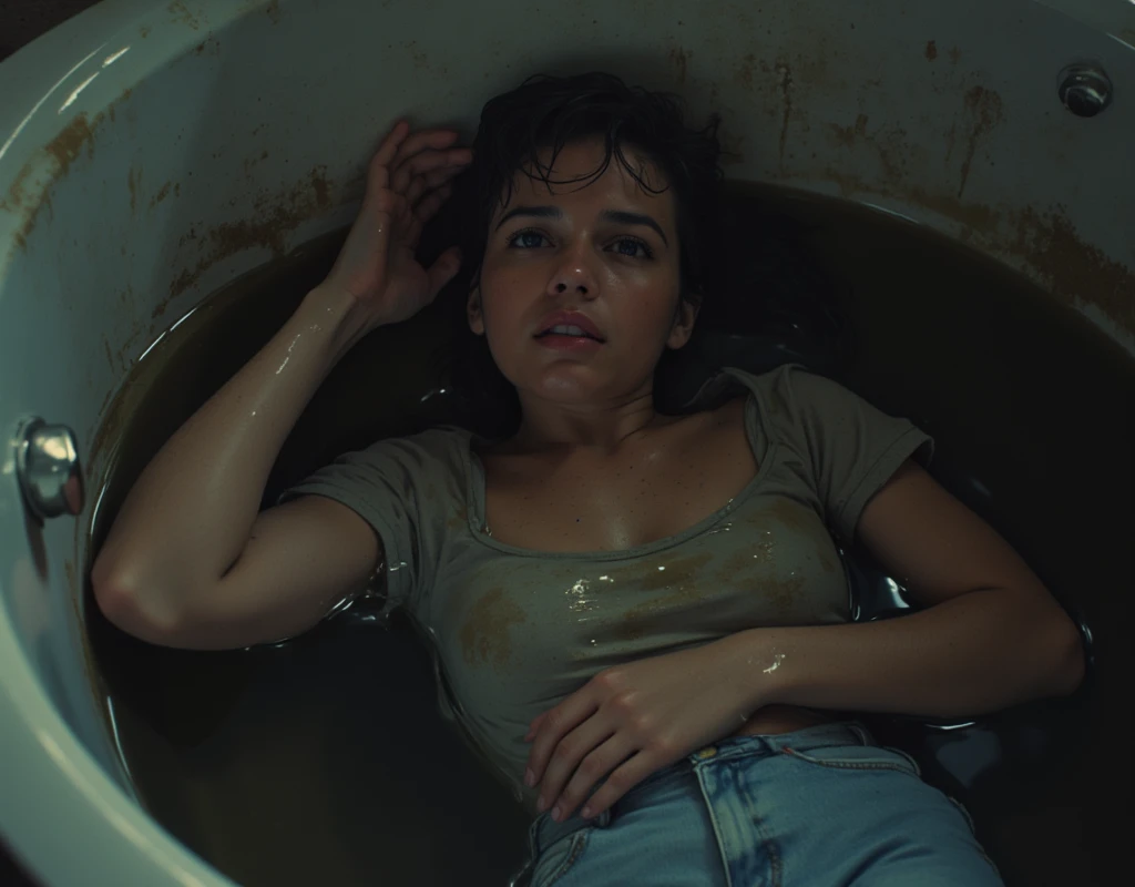 jeans Covered in mud ,Bob haircut, detailed eyes and face,  An expression of despair  ,t-shirt, dark and gloomy lighting ,desperation,bathroom,drowning laying deep in sludge-filled tiny bathtub ,sick faded mid-aged woman, wetlook, red lips, from above, from side view, in the middle of bathroom, from afar viewб from afar view