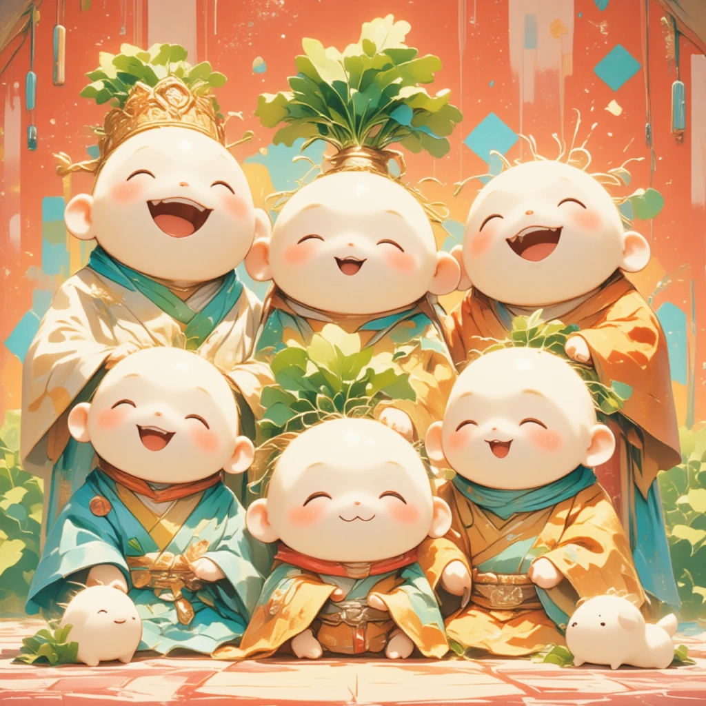 Compose a playful pop art scene featuring the Seven Lucky Gods, imagined as cute, kawaii-style daikon characters. Each character is illustrated with exaggerated, adorable features such as oversized heads, tiny bodies, and blushing cheeks, adding a playful twist to their mythical stature. The daikons are clad in brightly colored garments, each emblazoned with recognizable motifs of their divine roles. Set against a vibrant, patterned backdrop featuring motifs like maneki-neko (beckoning cats), Daruma dolls, and mizuhiki (decorative knots), this illustration should be filled with a sense of joy and playful energy, evoking the fortunes these gods bestow.