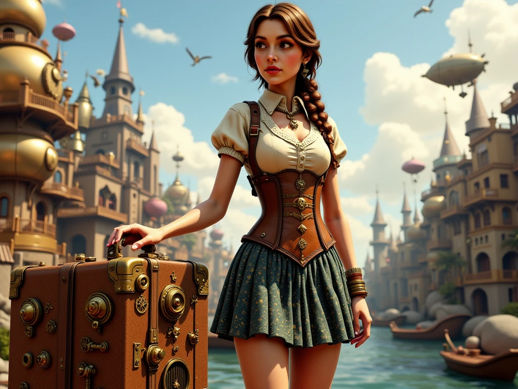 (masterpiece, photorealistic:1.4, extremely intricate:1.3), (photon mapping, radiosity, physically based rendering, ultra resolution, hyper-realistic, photorealistic:1.4, hyper-realistic, 8K), A steampunk-inspired scene featuring a schoolgirl on vacation. She wears a Victorian-style school uniform with intricate brass and leather details, including gears and clockwork accessories. Her outfit includes a pleated skirt, a high-collared blouse, and a corset with metallic embellishments. She stands beside a vintage steam-powered suitcase, with a whimsical background of a bustling steampunk city, complete with airships and mechanical contraptions. The atmosphere combines adventure and elegance.

