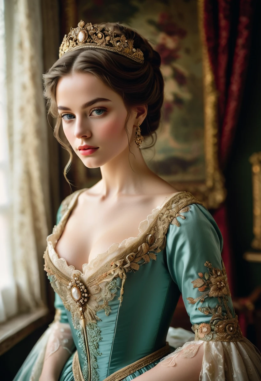 (highres,masterpiece:1.2),(realistic:1.37)A portrait of a French aristocrat girl in the 18th century with unparalleled beauty. She has mesmerizing blue eyes and delicate rosy lips. The portrait is meticulously detailed, capturing every subtle nuance of her features. She is adorned in an exquisite silk gown, embellished with intricate lace and delicate embroidery. The painting showcases the opulence of the era, with lush velvet curtains and gilded furniture in the background. The lighting is soft and diffused, accentuating the girl's ethereal beauty. The colors are vibrant and rich, creating a captivating visual experience. The portrait is created in the style of classical portraiture, reminiscent of the works of renowned artists from the era. It exudes elegance, grace, and sophistication.