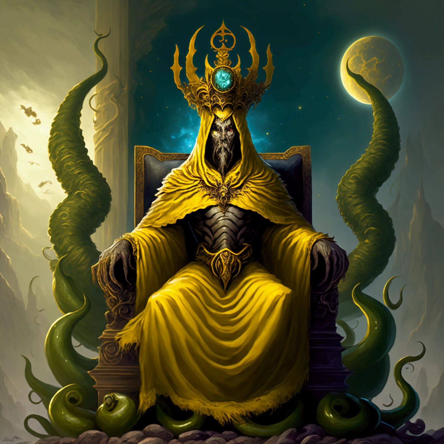 "An epic, dark fantasy landscape in the style of Francisco de Goya, featuring a mysterious, hooded humanoid entity with tentacles protruding from its clothing, seated on a throne amidst frozen mountains. The scene is imbued with a sense of cosmic horror and divine mystery, combining elements of dark and light, with a focus on intricate detail and high resolution. The artwork is inspired by the Hastur, King in Yellow mythos, and is rendered in the style of a Renaissance classical portrait, with a touch of Peter Mohrbacher's unique aesthetic. The piece is intended to be a masterful, best-quality illustration, with perfect lighting and brushwork, honoring Hastur as a galactic deity."