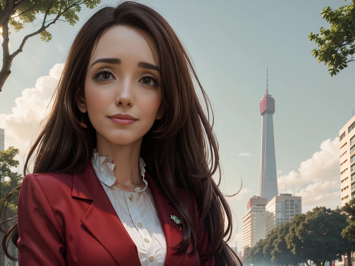 8K,  better quality,  Victoria Villarruel dressed in a scarlet red suit as a lawyer,  detailed face , smooth face,  long dark brown hair, slender with wide hips ,  warm smiling expression . outdoors,  plaza with green trees in the city of Buenos Aires,  clouds in the sky in the background, Rays of sunlight