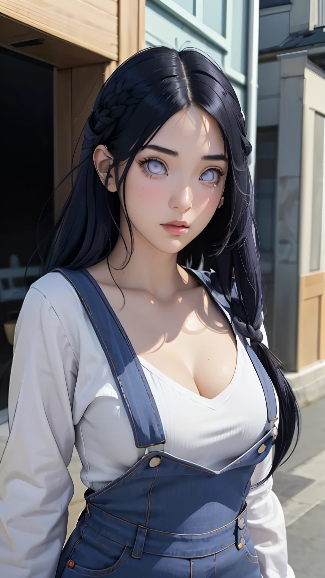 tmasterpiece, best qualityer, ultra - detailed, illustration,1girll,
long whitr hair,dark-blue hair,french braid,Purple eye,bluntbangs,cleavage,Large breasts
shirt,(jeans overalls:1.1),
mideum breasts,
looking at viewert,hyouka/(Boruto/),Detailed lips