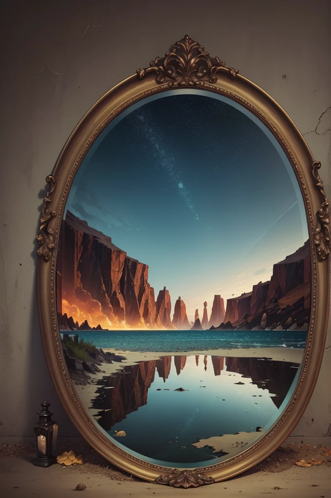 A vastness surrounding , a calm but dark sea on the ground ,  and a half a worn but unique mirror