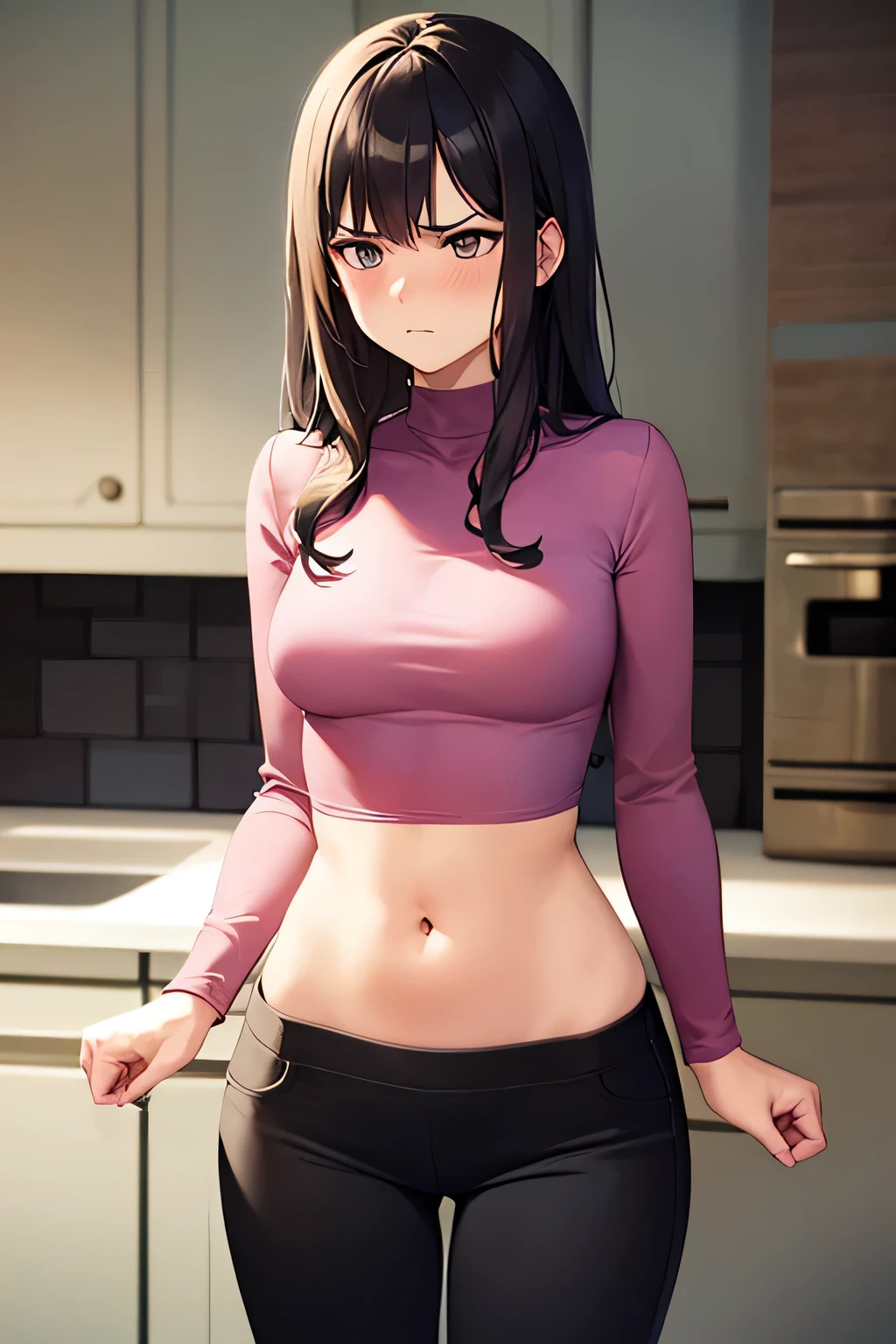 super fine illustration, vibrant colors, masterpiece, sharp focus, best quality, depth of field, cinematic lighting, ultra detailed, crop top, long sleeves, black long pants, navel, tummy, 1 woman, solo, milf, slender, full face blush, annoyed, mature female, tall woman, looking down, black hair, long hair, annoyed, curly hair, pink shirt, small breasts, indoors, kitchen, belly, bellybutton, belly button, low cut pants, high neck