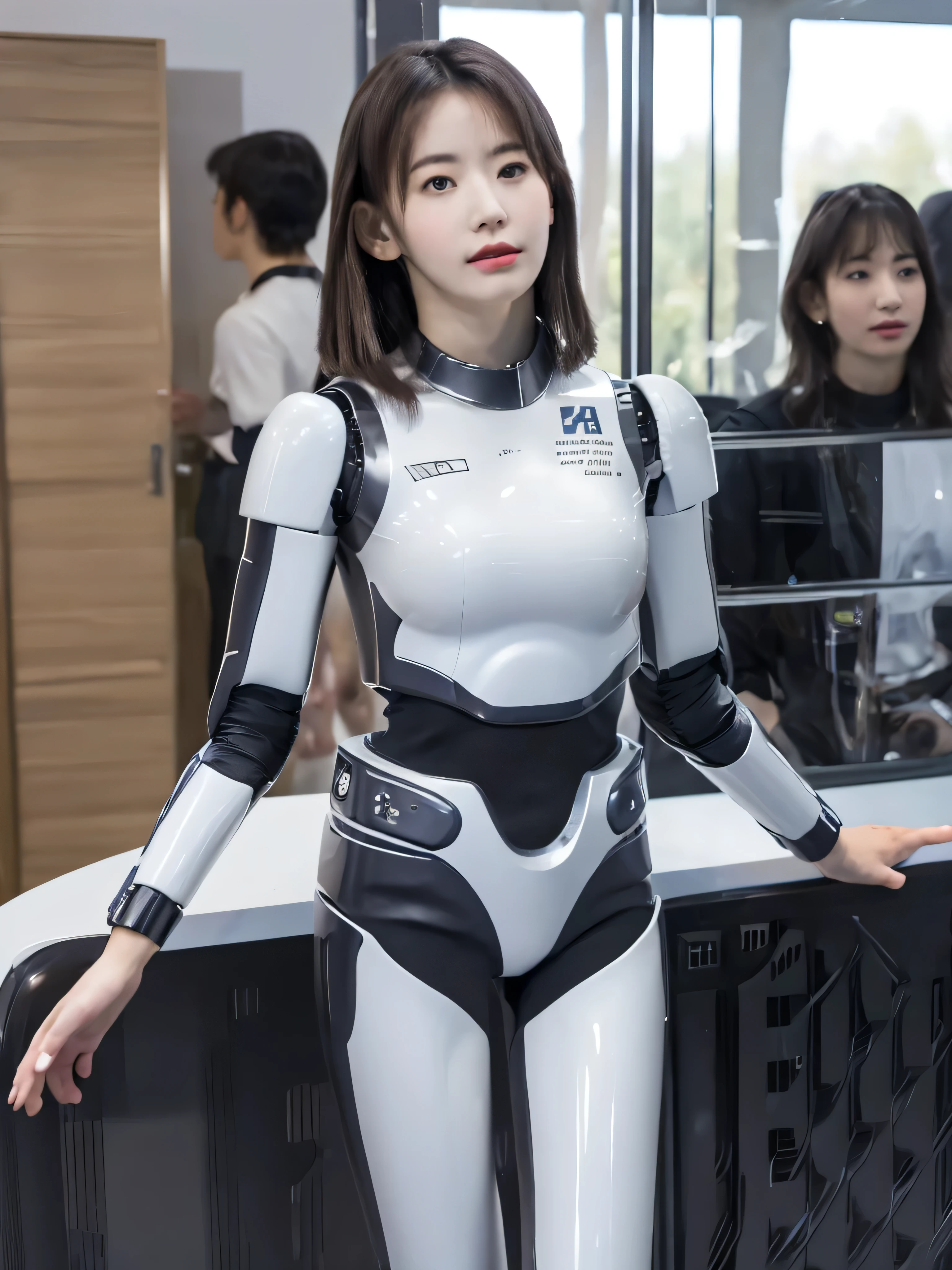 masterpiece, best quality, extremely detailed, (8K, 4K, Best Quality, hight resolution, A high resolution:1.1), 8K portrait,1girl in, Japaese android girl,android teacher,Plump , control panels,android,Droid,Mechanical Hand, ,Robot arms and legs, Black hair,Mechanical body,Blunt bangs,White Robotics Parts,perfect robot woman,Charging spot,Long Tube,A thick cable was connected to her neck,ceramic body ,android,robot humanoid,a bit chubby,panty,full eyes,perfect mechanical body,white robotics body,future assembly plant,white body,She has repaired,black sponge joints,android assembly plant,android,laboratory,perfect machine body,white robot body, body by hrp-4c, face by miyawaki sakura for Lesserafim, blue eyes, body by hrp-4c, face by miyawaki sakura, miyawaki sakura's face, hrp-4c's robot body suit, blue eyes, sharp face shape, 20 years old, perfect nose shape, small nose, face shape from miyawaki sakura