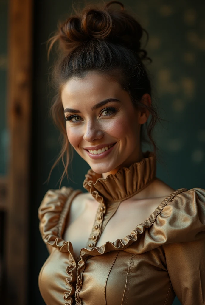 A realistic photograph close up, cheerful, of a stunning smiling model with a messy hair bun, the model is wearing a shiny high neck victorian dress without a zipper, and with huge puff sleeves, and a very high stiff stand-up collar with a big ruffle on the top, the model has her arms behind her back, the model is bend down on the floor, two females force the model bowing over and putting her head down on a wooden chopping stump standing before her, with a third female who is holding a huge cleaver standing close