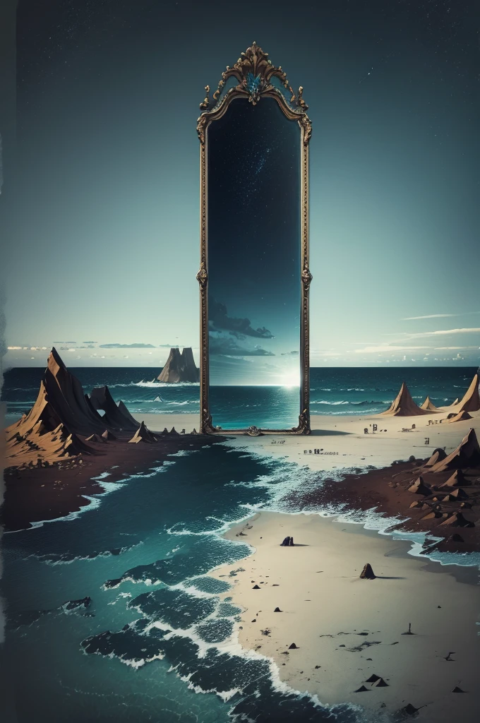 A vastness surrounding , a dark sea on the ground ,  and in the middle of the sea a worn but unique mirror