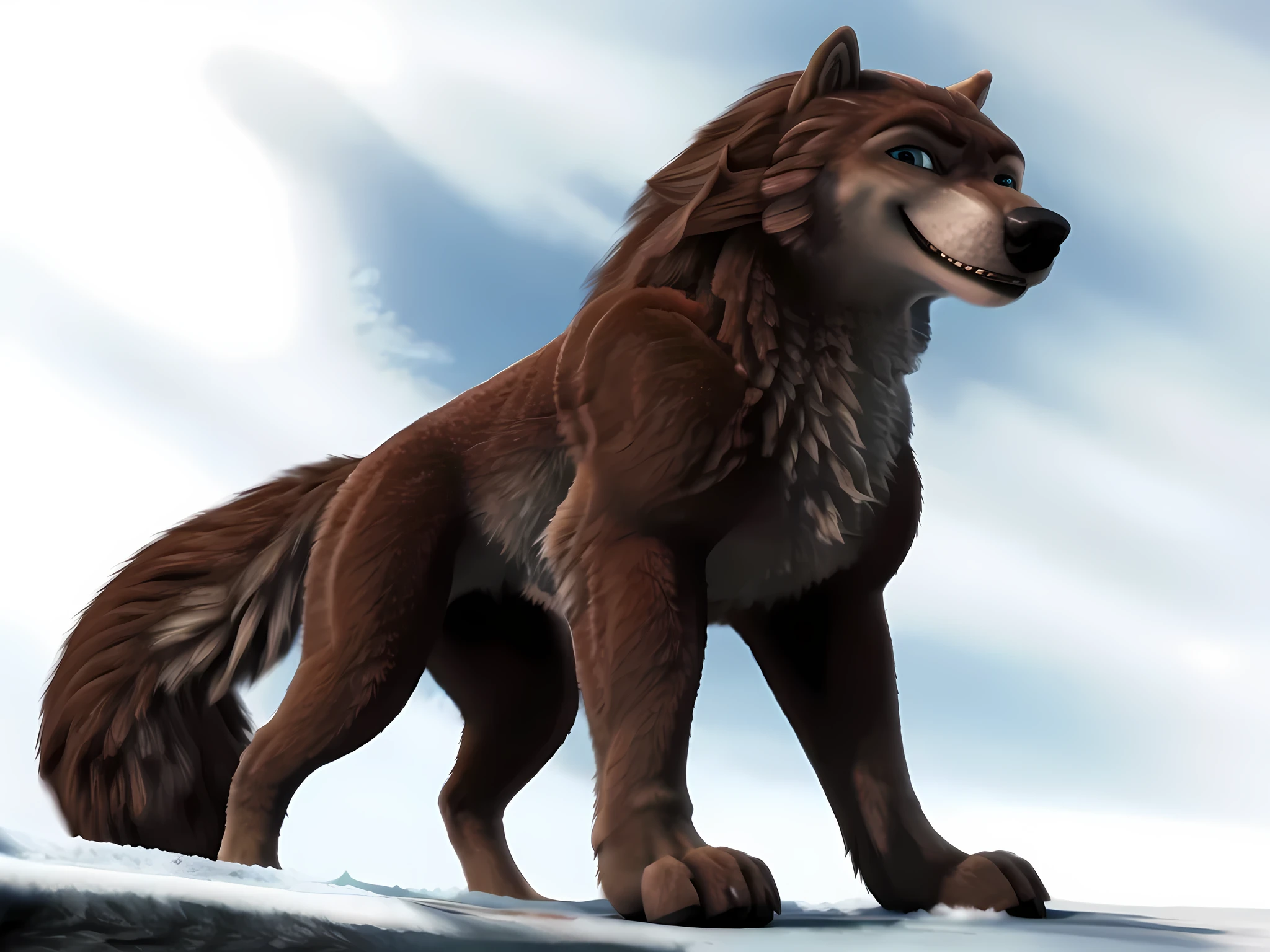 Garth, detailed fur, male, (feral, feral body):1.1, simple background, white background, standing on snow, posing, confident, raised head, subtle smile, proud, wolf, full body:1.1, muscular, strong body, detailed eyes, solo, looking at viewer, grin, brown fur, low-angle shot,