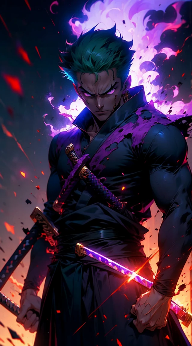 **(best quality, highres:1.2, ultra-detailed, realistic:1.37)**, anime-style portrait of **Roronoa Zoro** from *One Piece*, standing with intense focus as **purple flame Haki-energy** radiates from his katana. Zoro’s expression is fierce, with a detailed scar over his left eye, wild green hair, and a muscular build emphasized by dynamic lighting. He bites a katana hilt angled right, while two swords rest sheathed at his waist. **Vivid purple Haki flames** swirl energetically around the blade, creating a dynamic, cinematic effect. A serene Japanese landscape contrasts with the power of his **Haki aura**. Rendered in the **style of Wit Studio**.