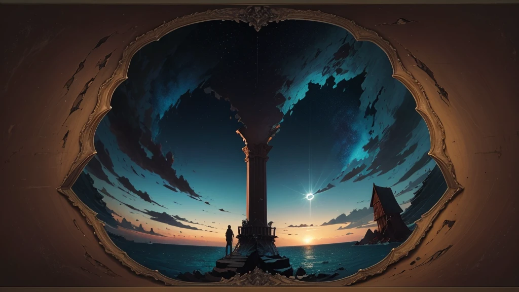 A vastness surrounding , all dark,  and a dark sea underneath them, in the middle of the sea,  an ancient but unique mirror 