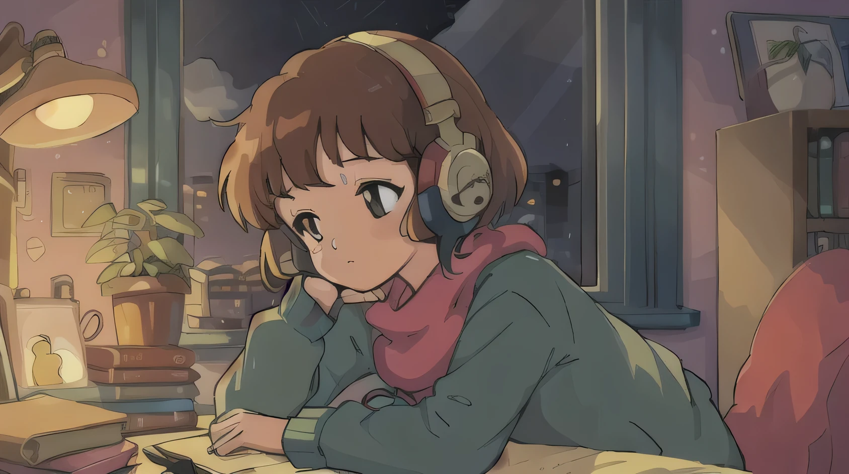 Girl listening to music in a cozy room at night, using headphones, 2D Anime style, Lo-fi aesthetic, soft lighting, digital art, warm colors, detailed background with books and plants, serene atmosphere, high quality, retro cartoon illustration by popular anime artists.
