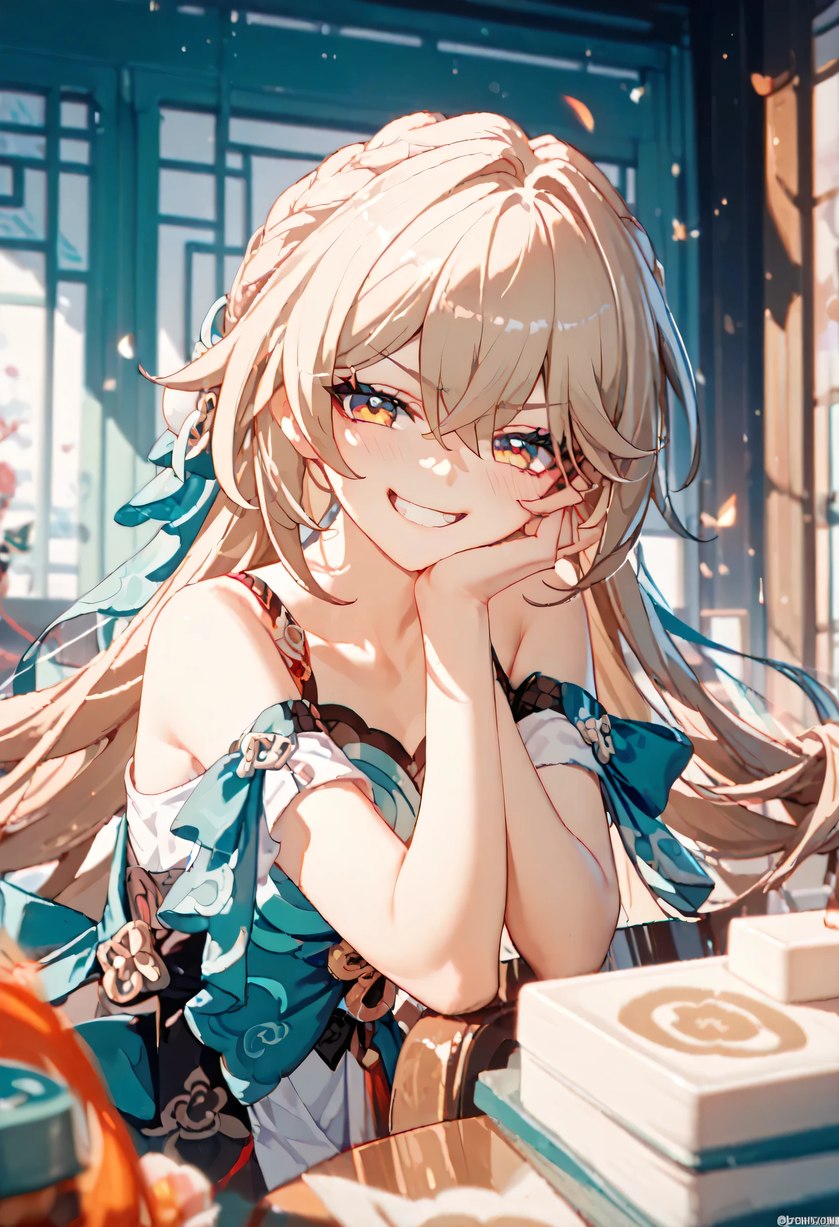 qingque, honkai star rail, Place a tile、smug, grin, Happy smile