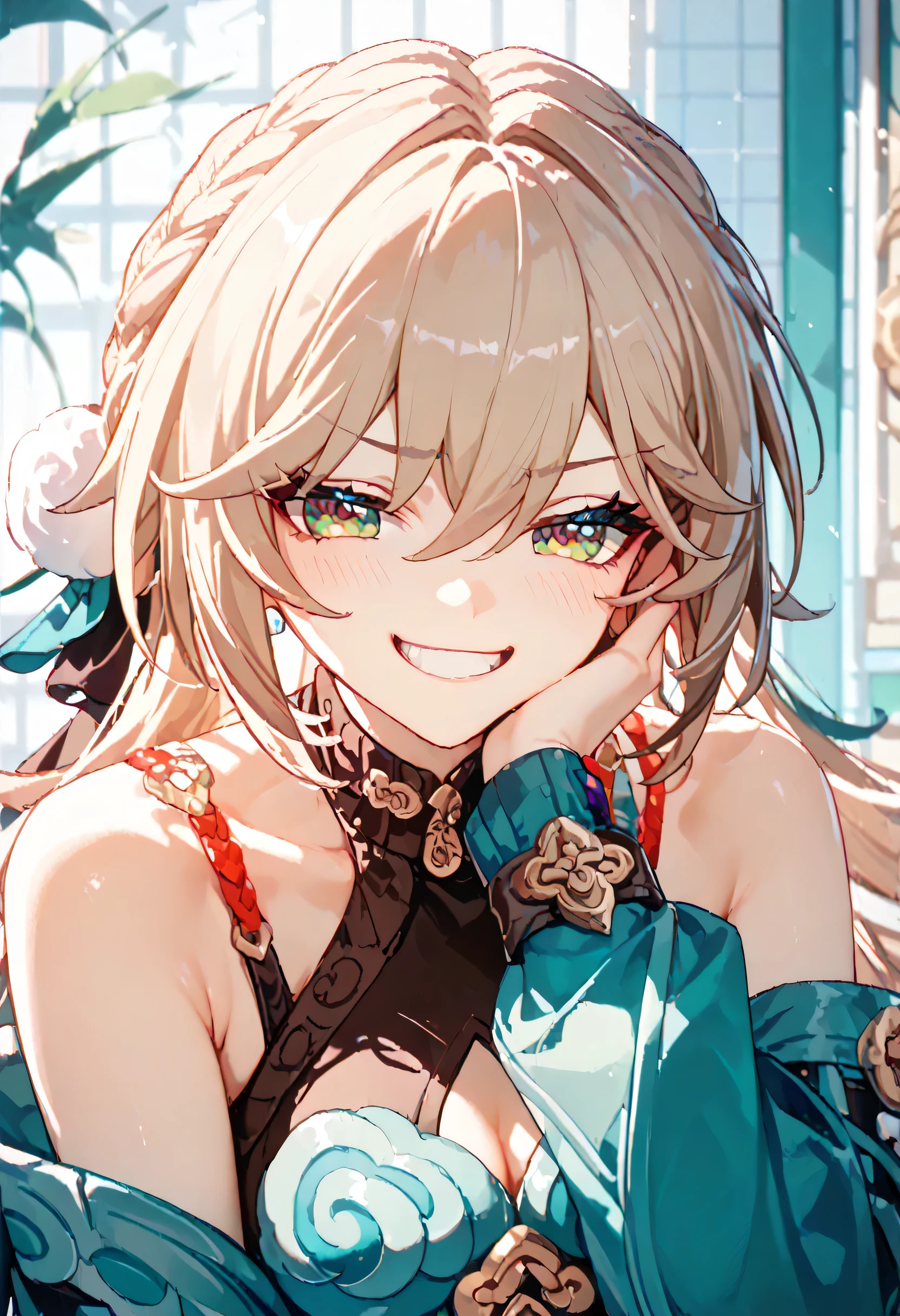 qingque, honkai star rail, Place a tile、smug, grin, Happy smile