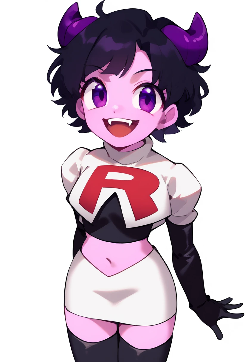 jellybean_yt, solo, looking at viewer, smile, short hair, open mouth, black hair, 1girl, white background, purple eyes, female focus, horns, teeth, colored skin, fangs, team rocket,team rocket uniform,white skirt,red letter R,crop top,black thigh-highs,black elbow gloves, source