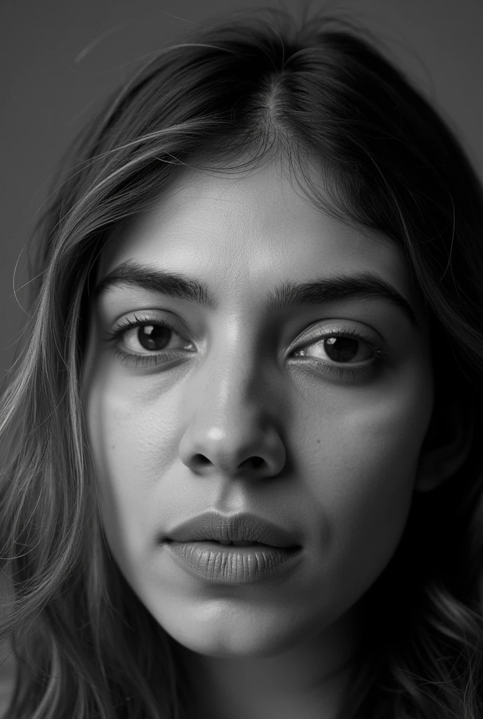 portrait,inspired by Peter Lindbergh's photographic style,of a woman looking directly into the camera with an intimate and deep expression. ** Lighting ** must be soft and natural,avoiding exaggerated perfection,and focusing on capturing the human essence and the natural beauty of women. Shadows and lights should accentuate the lines and textures of the face,highlighting its emotional and vulnerable expression. The woman's face is devoid of makeup or a very subtle touch,highlighting the authenticity and imperfection that Lindbergh valued in his portraits. The ** precise details ** include a deep look,with eyes that convey history,strength and fragility at the same time. The expression on her lips is relaxed,with a slight separation that adds a touch of naturalness and spontaneity. The texture of your skin,with all its small imperfections,pores and subtle wrinkles,should be faithfully captured,enhancing the real beauty without touch-ups or filters. The ** fundo ** is simple and out of focus,typically neutral,with shades of gray that do not distract attention from the face. The image uses minimal depth of field,with an absolute focus on the woman's face and the rest in a gentle blur. Black and white should be full of soft contrasts,but without losing the delicacy of the shadows,creating a raw,emotional and living environment. Make sure the image ** conveys a sense of humanity,authenticity and emotional connection **,key features of Peter Lindbergh'******. The woman must appear strong but accessible,showing her beauty without the need for ornaments,with a direct connection between her gaze and the viewer. ** Additional items ** are minimal,with all the attention on the woman's face and expression. The image d