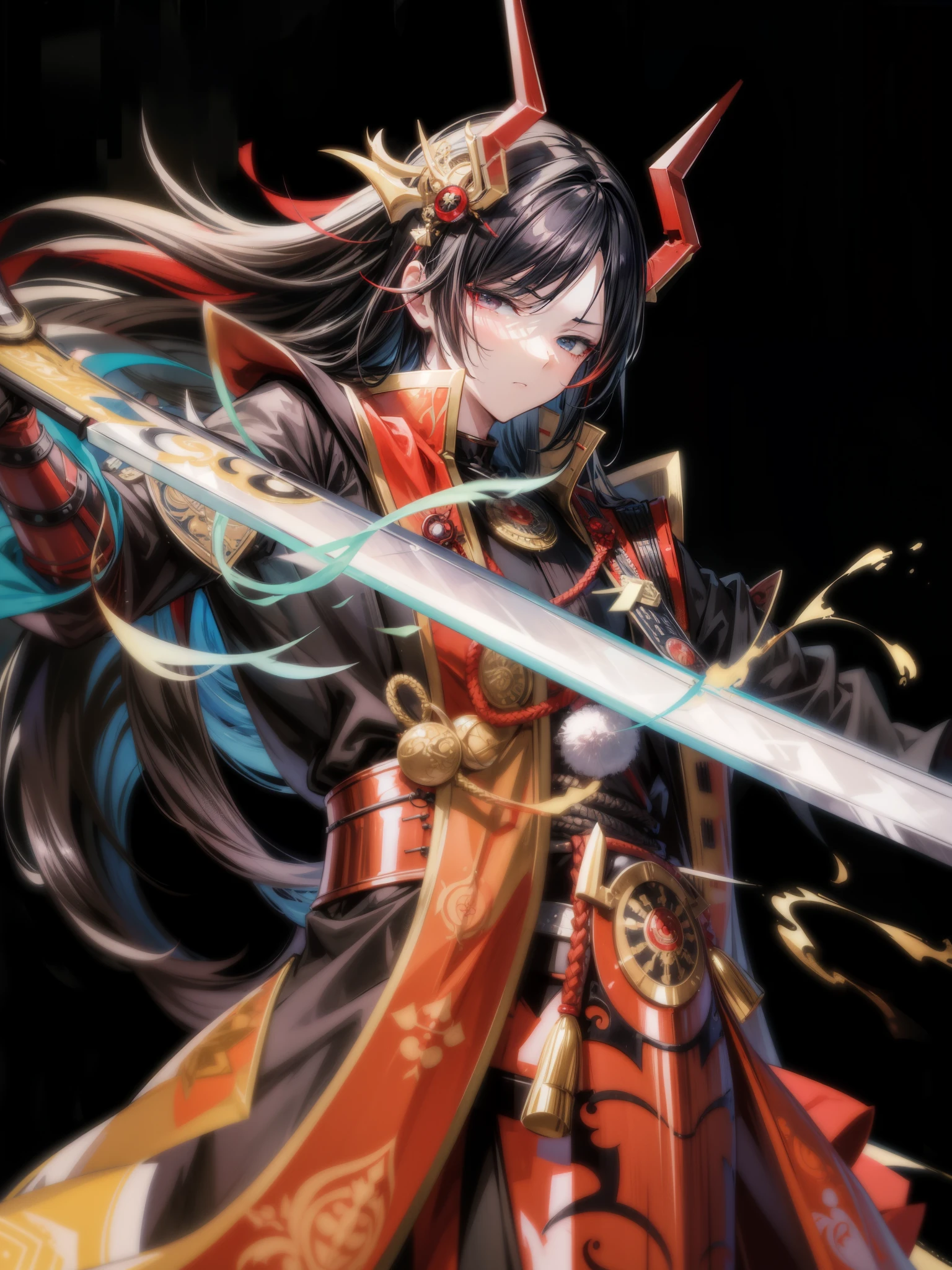 anime, best quality, extremely detailed, (masterpiece:1.3), ultra high res, adult man, serious, samurai, hair over one eye, long hair, black hair, ikemen, red armor, cloak, 25 years old, holding katana, metalic