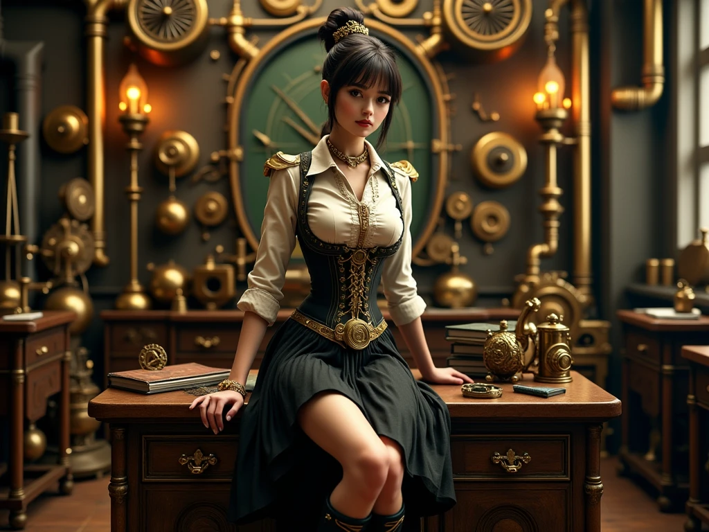 (masterpiece, photorealistic:1.4, extremely intricate:1.3), (photon mapping, radiosity, physically based rendering, ultra resolution, hyper-realistic, photorealistic:1.4, hyper-realistic, 8K), A steampunk-inspired schoolgirl sitting on a vintage wooden desk. She wears a detailed Victorian-style school uniform with brass and leather accents, including a pleated skirt, high-collared blouse, and corset with metallic embellishments. Her legs are crossed elegantly, and she holds a small clockwork gadget in her hand. The desk is adorned with gears, books, and mechanical trinkets, set against the backdrop of a steampunk-inspired classroom filled with pipes, gears, and glowing brass fixtures. The atmosphere is a mix of sophistication and intrigue.