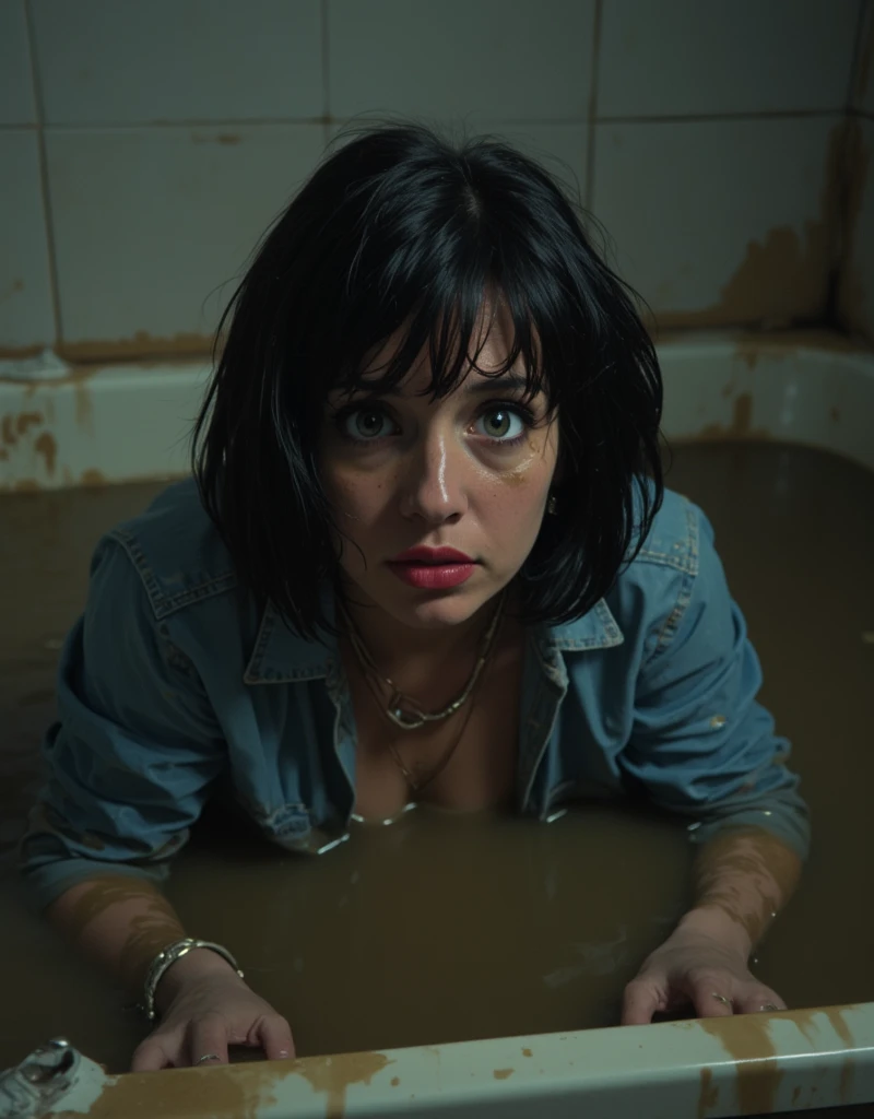 from afar view, Covered in mud ,Bob haircut, detailed eyes and face,  An expression of despair  ,denim shirt, dark and gloomy lighting ,desperation,bathroom,drowning laying deep in sludge-filled tiny bathtub ,sick faded mid-aged woman, wetlook, red lips, from side view, in the middle of bathroom, from afar view