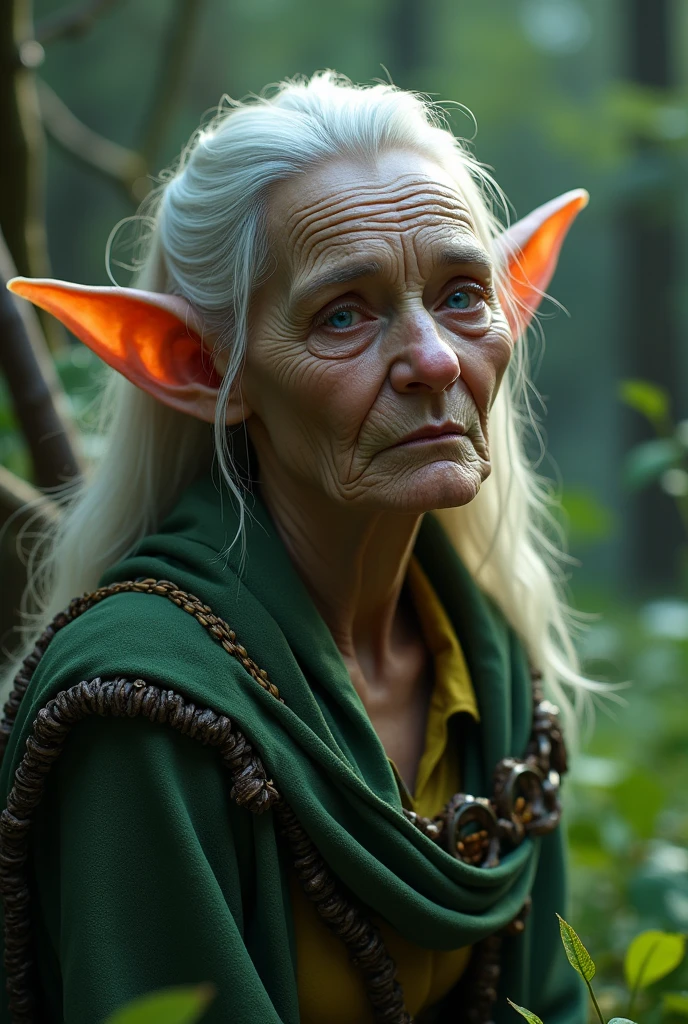 A beautiful elderly elf woman with elven ears, tired eyes magically sparkly and having two colored irises, the irises are clear blue and clear brown, her chin and cheekbones are elegantly sharp, the nose is thin and beautifully shaped, she wears an elven outfit made from light and durable materials, the outfit has a magical glow and the magical glowing colors used on the outfit are green, yellow and metallic black, the elderly elf woman is sitting on a throne made of twigs and green leaves on a beautiful meadow in the middle of an arcane and mystic forest, illuminated by bright moon rays